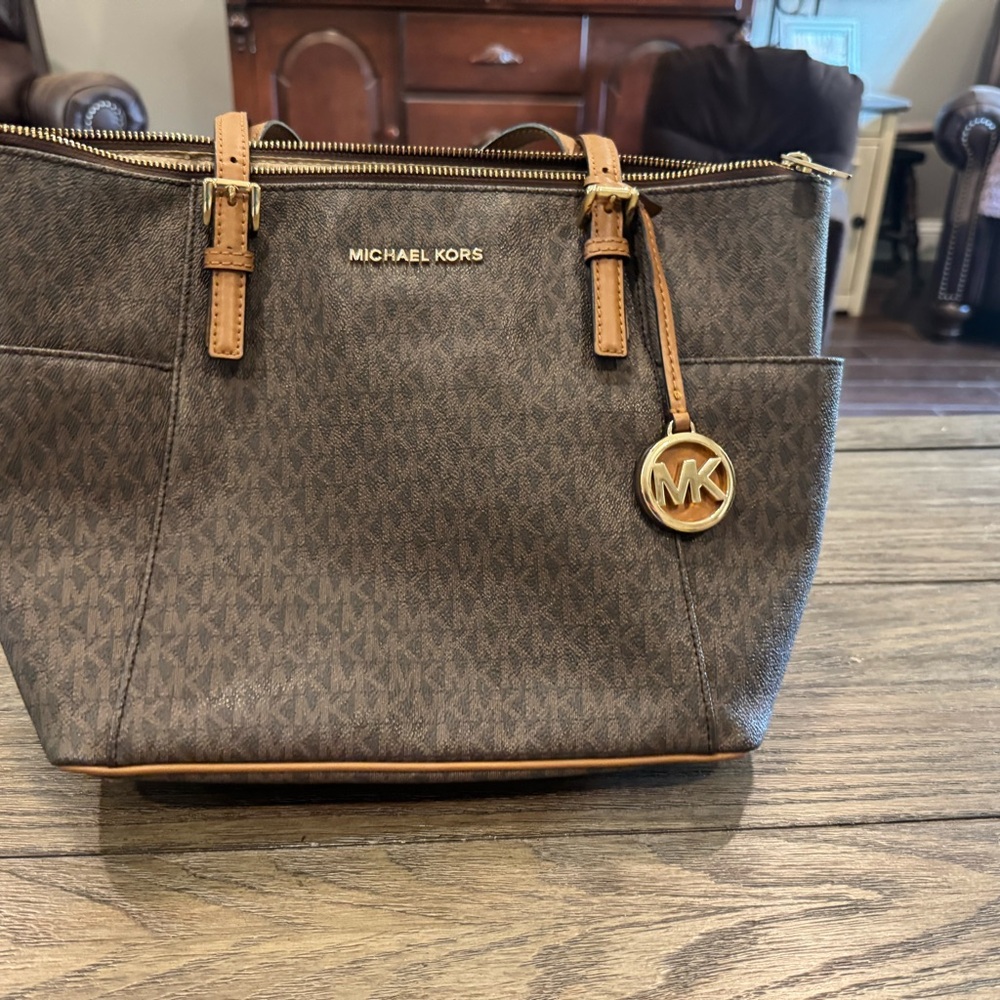 Michael Kors Brown Logo Tote with Tan Trim and Gold MK Charm